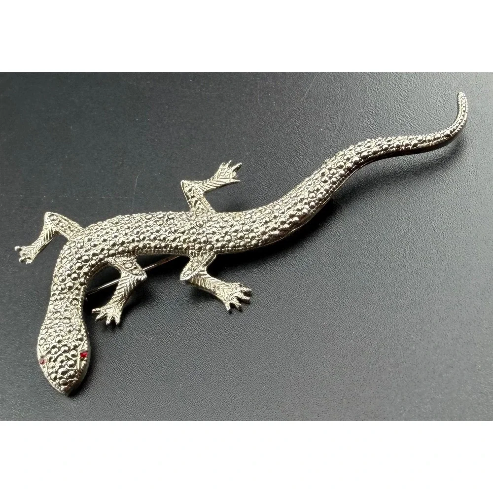 Lizard Gecko Brooch Silver‎ Tone Marcasite Style Red Eyes Reptile Vintage READ
